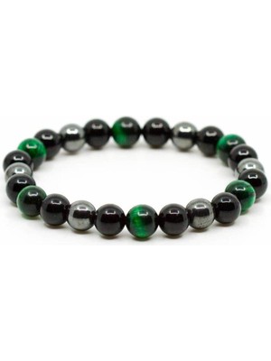 A+ Kalite | Oniks, Hematit, Yeşil Kaplan Gözü Doğal Taş Bileklik > Sertifikalı