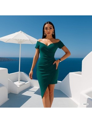 Passense Kadın Dekolte Detay Madonna Yaka Asimetrik Kesim Kruvaze Elbise