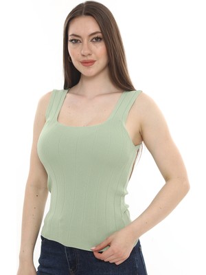 Monox Kadın Bluz Kare Yaka Çizgili Yazlık Triko Atlet