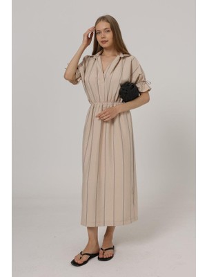 Gökyüzü Moda Beli Lastikli Elbise - Taş