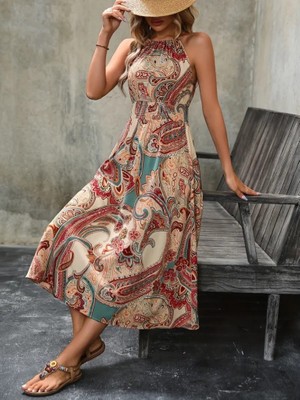 Munn Collection Kadın Kolsuz Boyundan Bağlamalı Beli Lastikli Etnik Desen Baskı Süprem Uzun Elbise