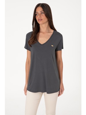 U.S. Polo Assn. Kadın Antrasit V Yaka Basic Tişört 50300829-VR006