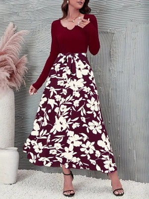 Munn Collection Kadın Uzun Kollu Yaka Açık Üst Kaşkorse Beli Kuşaklı Alt Çiçek Baskılı Dalgıç Elbise