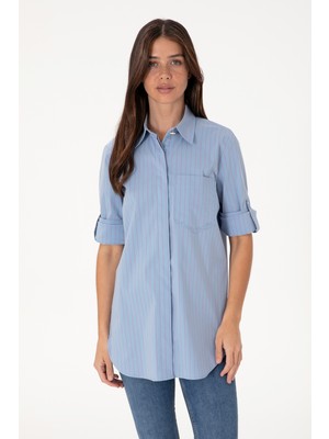 U.S. Polo Assn. Kadın Mavi Uzun Kollu Çizgili Tunik Gömlek 50299523-VR036