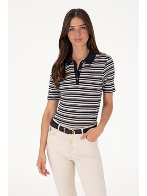 U.S. Polo Assn. Kadın Lacivert Çizgili Polo Yaka Tişört 50300678-VR033