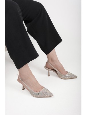 Stilbagshoes Jenny Ithal Taş Detaylı Arka Açık Kadın Topuklu Ayakkabı Bej