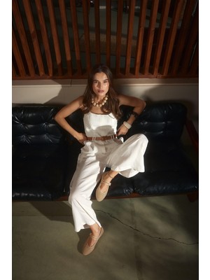 Seniorah Mist Bej Hasır Toka Detaylı Kalın Bantlı Kadın Babet