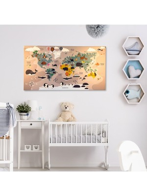 Çocuklar Için Hayvanlı Kanvas Dünya Haritası - Dayanıklı ve Solmaz Çocuk Odası Dekor 90X55CM