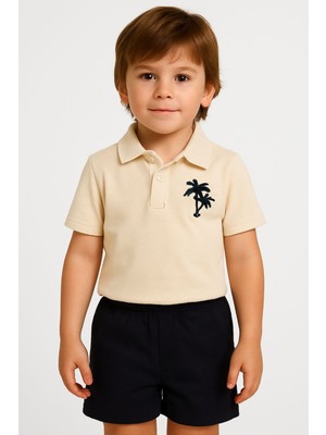 Erkek Çocuk Palmiye Nakışlı Polo Yaka Tişört Şort 2'li Takım