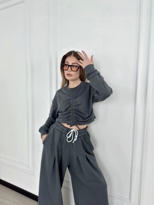 Munn Collection Uzun Kollu Önü Ip Büzgülü Crop ve Pantolon Ikili Takım - Antrasit