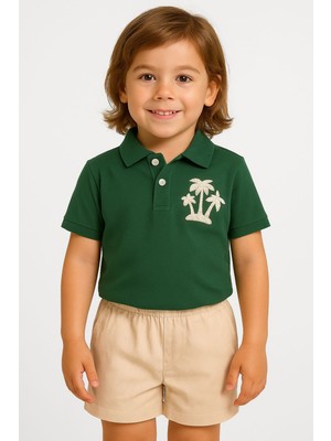 Erkek Çocuk Palmiye Nakışlı Polo Yaka Tişört Şort 2'li Takım