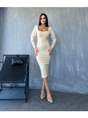 Munn Collection Kadın Kare Yaka Kolları Manşet ve Tül Detay Fırsat Ürün Midi Boy Elbise