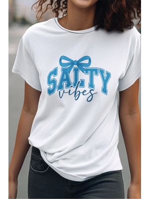 Qoeuyl Boutique Coquette Salty Vibes Baskılı Yaz Temalı Unisex Regular Fit Pamuklu Beyaz Tişört