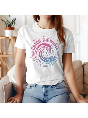 Qoeuyl Boutique Catch The Waves Baskılı Yaz Temalı Unisex Regular Fit Pamuklu Beyaz Tişört