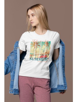 Take Me Where Summer Never Ends Baskılı Yaz Temalı Unisex Regular Fit Pamuklu Beyaz Tişört