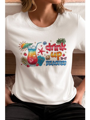 Qoeuyl Boutique Drink Up Beaches Baskılı Yaz Temalı Unisex Regular Fit Pamuklu Beyaz Tişört