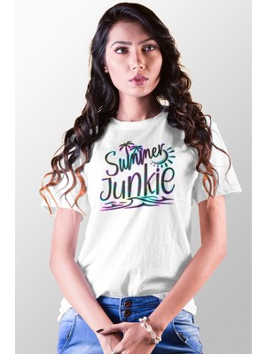 Qoeuyl Boutique Summer Junkie Baskılı Yaz Temalı Unisex Regular Fit Pamuklu Beyaz Tişört