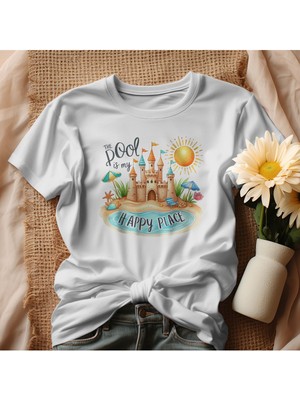 Qoeuyl Boutique The Pool Is My Happy Place Baskılı Unisex Regular Fit Pamuklu Beyaz Tişört