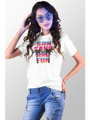 Qoeuyl Boutique Sun Sand And Fun Baskılı Yaz Temalı Unisex Regular Fit Pamuklu Beyaz Tişört
