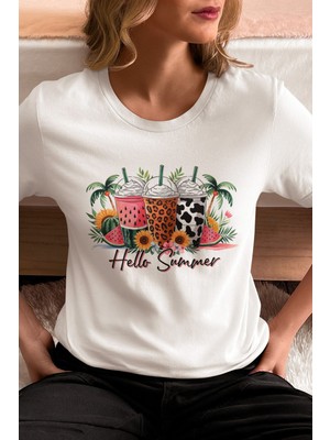 Qoeuyl Boutique Hello Summer Baskılı Yaz Temalı Unisex Regular Fit Pamuklu Beyaz Tişört