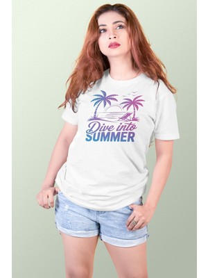 Dive Into Summer Baskılı Yaz Temalı Unisex Regular Fit Pamuklu Beyaz Tişört