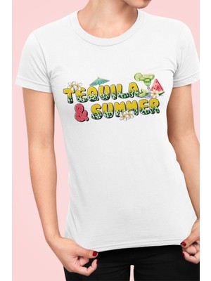 Qoeuyl Boutique Tequila And Summer Baskılı Yaz Temalı Unisex Regular Fit Pamuklu Beyaz Tişört