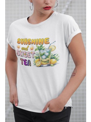 Qoeuyl Boutique Sunshine And Sweet Tea Limon Baskılı Yaz Temalı Unisex Regular Fit Pamuklu Beyaz Tişört