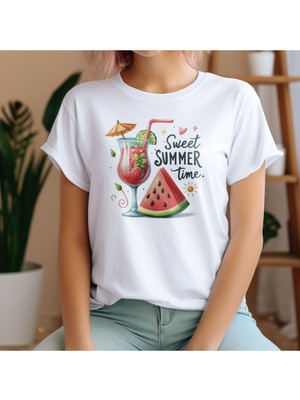 Qoeuyl Boutique Sweet Summer Time Baskılı Unisex Regular Fit Pamuklu Beyaz Tişört