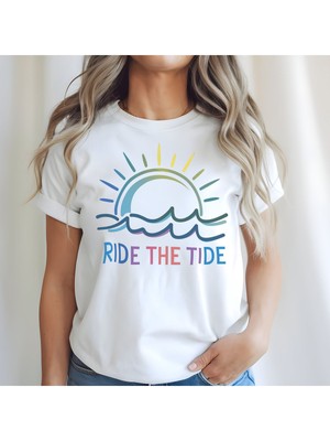 Qoeuyl Boutique Ride The Tide Baskılı Yaz Temalı Unisex Regular Fit Pamuklu Beyaz Tişört