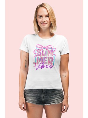 Qoeuyl Boutique Retro Summer Vibes Baskılı Yaz Temalı Unisex Regular Fit Pamuklu Beyaz Tişört