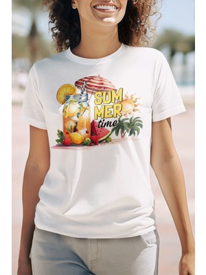 Qoeuyl Boutique Summer Time Cocktail Baskılı Yaz Temalı Unisex Regular Fit Pamuklu Beyaz Tişört