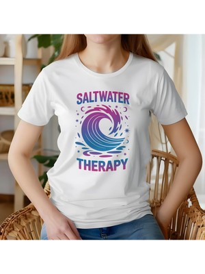 Qoeuyl Boutique Saltwater Therapy Baskılı Yaz Temalı Unisex Regular Fit Pamuklu Beyaz Tişört