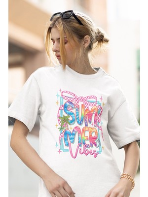 Qoeuyl Boutique Coquette Summer Vibes Baskılı Yaz Temalı Unisex Regular Fit Pamuklu Beyaz Tişört
