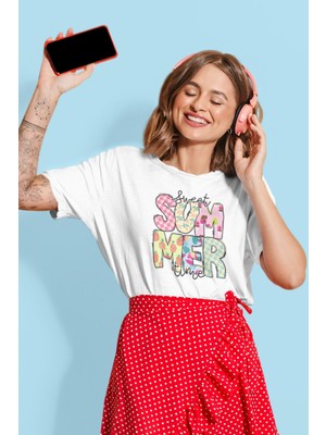 Qoeuyl Boutique Sweet Summer Time Baskılı Yaz Temalı Unisex Regular Fit Pamuklu Beyaz Tişört