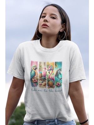 Qoeuyl Boutique Take Me Beach Baskılı Yaz Temalı Unisex Regular Fit Pamuklu Beyaz Tişört