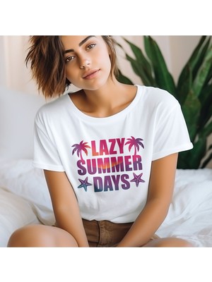 Qoeuyl Boutique Lazy Summer Days Baskılı Yaz Temalı Unisex Regular Fit Pamuklu Beyaz Tişört