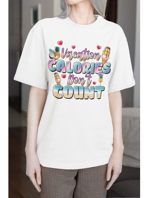 Qoeuyl Boutique Vacation Caroies Dont Count Baskılı Yaz Temalı Unisex Regular Fit Pamuklu Beyaz Tişört