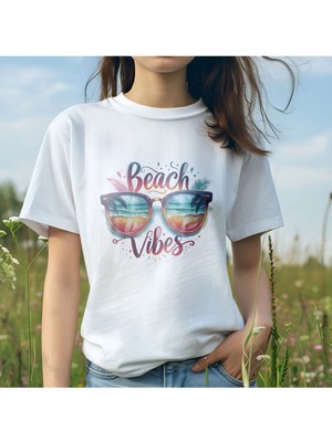 Qoeuyl Boutique Beach Vibes Baskılıyaz Temalı Unisex Regular Fit Pamuklu Beyaz Tişört