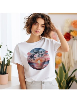 Qoeuyl Boutique Sunset Chaser Baskılı Unisex Regular Fit Pamuklu Beyaz Tişört