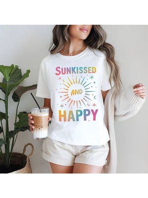 Sunkissed And Happy Baskılı Yaz Temalı Unisex Regular Fit Pamuklu Beyaz Tişört
