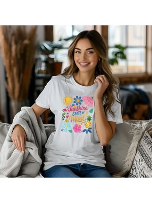 Qoeuyl Boutique Sunshine State Of Mind Baskılı Unisex Regular Fit Pamuklu Beyaz Tişört