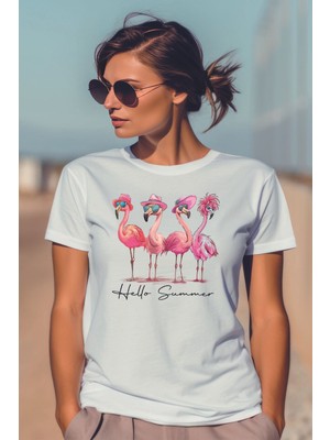 Qoeuyl Boutique Hello Summer Pembe Flamingolar Baskılıyaz Temalı Unisex Regular Fit Pamuklu Beyaz Tişört
