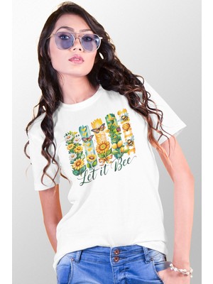 Qoeuyl Boutique Let It Bee Baskılı Unisex Regular Fit Pamuklu Beyaz Tişört