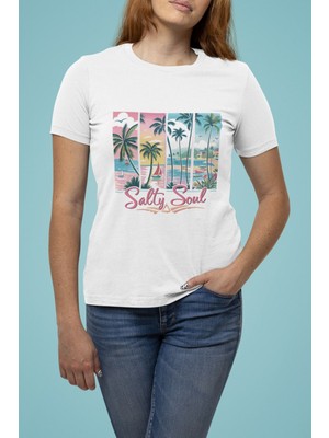 Qoeuyl Boutique Summer Salty Soul Beach Baskılı Yaz Temalı Unisex Regular Fit Pamuklu Beyaz Tişört