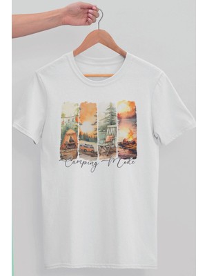 Qoeuyl Boutique Camping Mode Baskılıyaz Temalı Unisex Regular Fit Pamuklu Beyaz Tişört