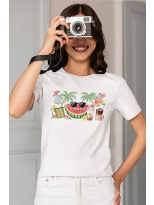 Qoeuyl Boutique Sweet Summer Karpuz Baskılı Yaz Temalı Unisex Regular Fit Pamuklu Beyaz Tişört
