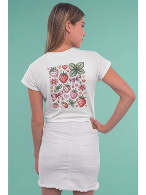 Qoeuyl Boutique Çilek ve Kurdele No:1 Baskılıyaz Temalı Unisex Regular Fit Pamuklu Beyaz Tişört