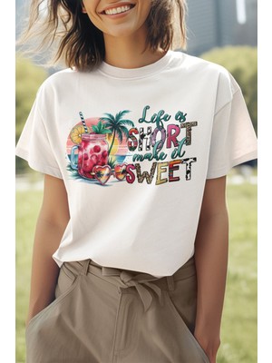 Life Is Short Make It Better Baskılı Yaz Temalı Unisex Regular Fit Pamuklu Beyaz Tişört