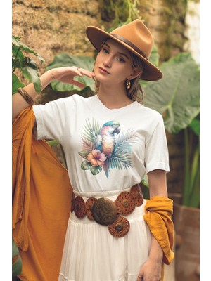 Qoeuyl Boutique Tropikal Papağan Baskılıyaz Temalı Unisex Regular Fit Pamuklu Beyaz Tişört