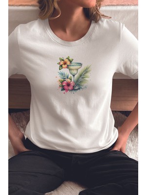Qoeuyl Boutique Margarita Kokteyl ve Tropikal Çiçek Baskılıyaz Temalı Unisex Regular Fit Pamuklu Beyaz Tişört